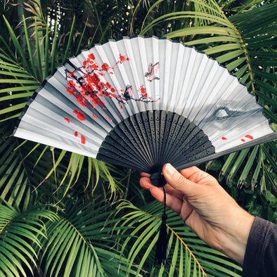 Luxury Black Bamboo Silk Fan - birds and cherry blossoms