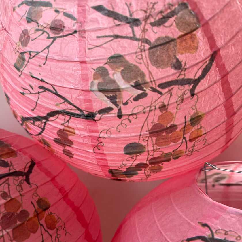 SPRING SALE - Paper lantern Pink Chinese persimmons and birds 30cm diametre