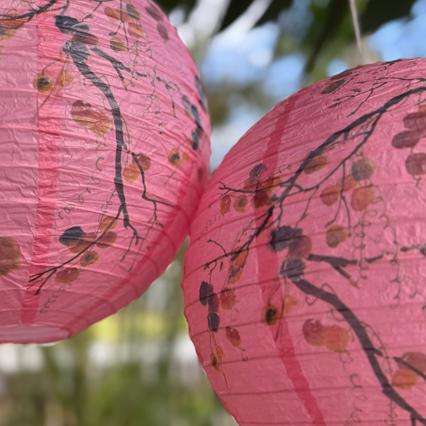 Pink paper lanterns with tree design against a blurred natural background