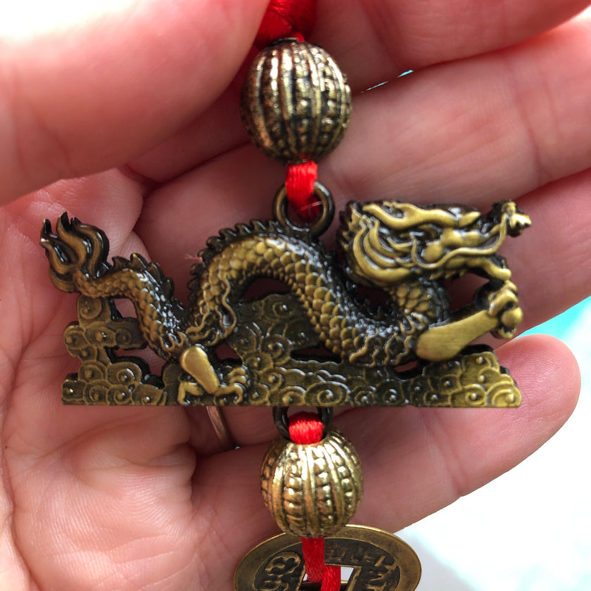 Lucky 5 coins Chinese Dragon red and gold knot hanging decoration