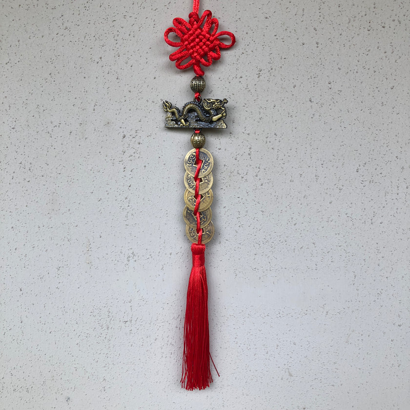 Lucky 5 coins Chinese Dragon red and gold knot hanging decoration