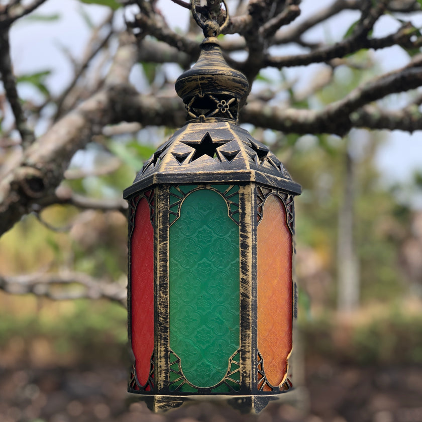 Moroccan lantern with decorative coloured panels hanging in tree