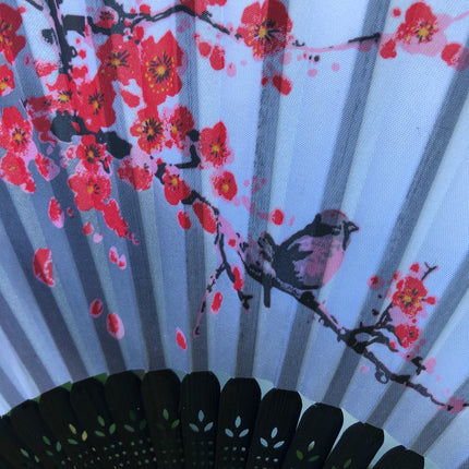 Luxury Black Bamboo Silk Fan - birds and cherry blossoms