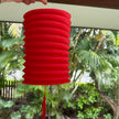 A red corrugated paper lantern with a tassel tail, held up against a backdrop of greenery. 