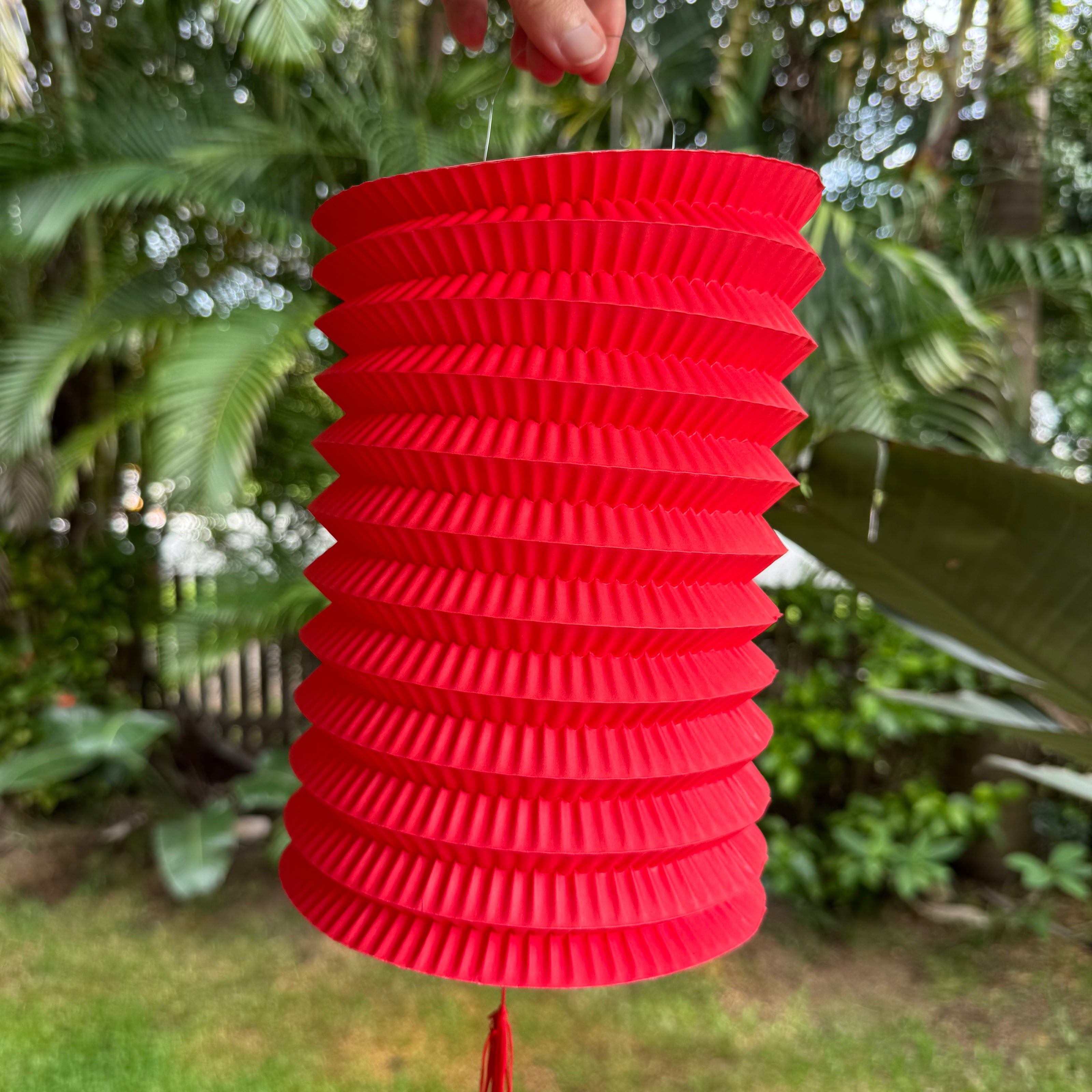 traditional red Chinese paper lantern with tassel decoration