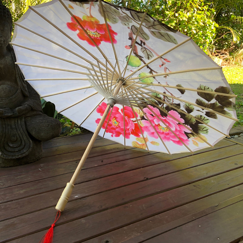 Nylon Parasol - pink peonies and birds (white)