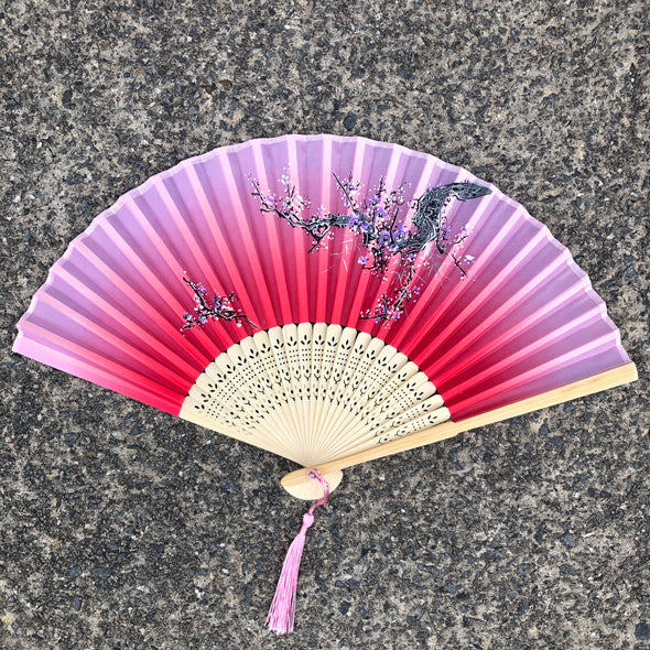 Luxury bamboo silk fan - red blossoms