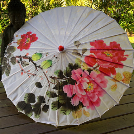 Nylon Parasol - pink peonies and birds (white)