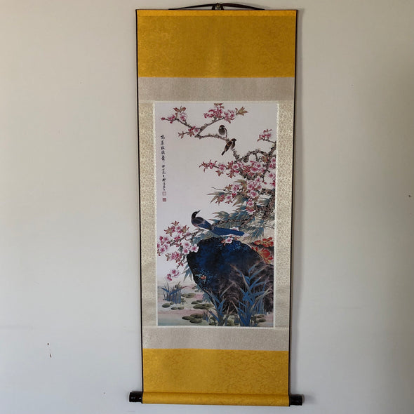 Blossoms and birds silk scroll (45 x 120cm)