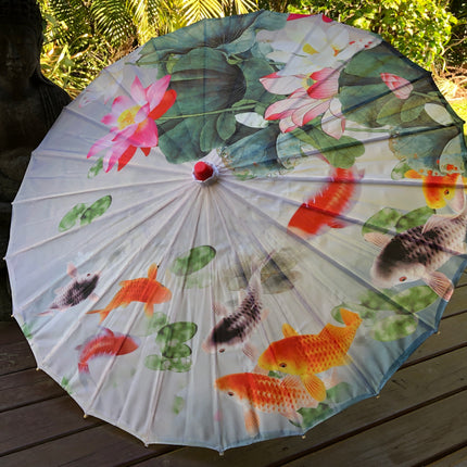 Nylon Parasol - fish and lotus flowers