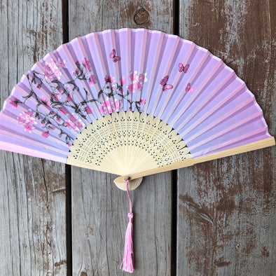 Luxury Bamboo Silk Fan - Pink sakura blossoms and butterflies