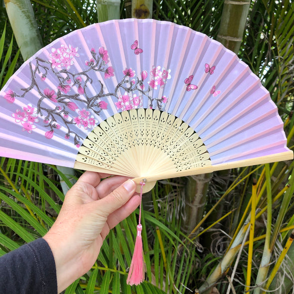 Luxury Bamboo Silk Fan - Pink sakura blossoms and butterflies