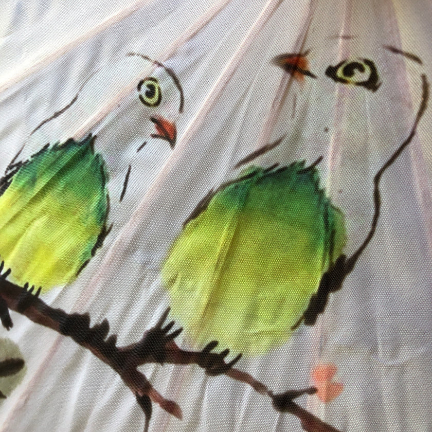 Nylon Parasol - pink peonies and birds (white)