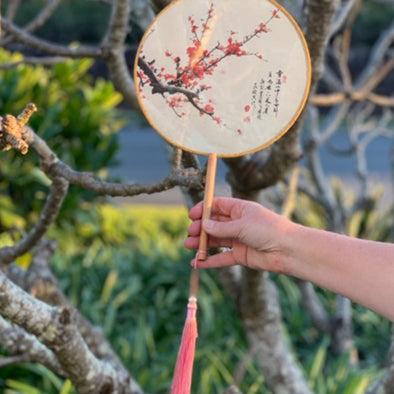 Elegant Round Silk Fan (sheer) - Red Cherry Blossoms