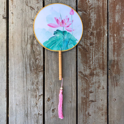 traditional Chinese round hand fan made from silk with lotus flower design
